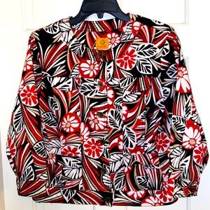 Ruby Rd. White Red & Black Floral 100% Cotton Elbow Sleeve Jacket
